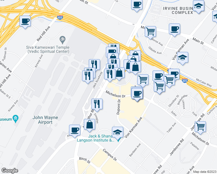 map of restaurants, bars, coffee shops, grocery stores, and more near 18600 Macarthur Boulevard in Irvine