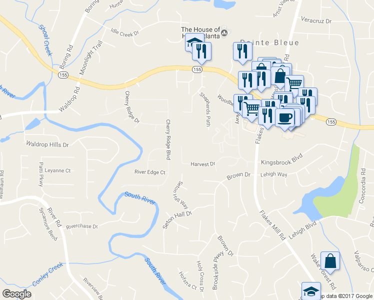 map of restaurants, bars, coffee shops, grocery stores, and more near 3775 Harvest Drive in Decatur