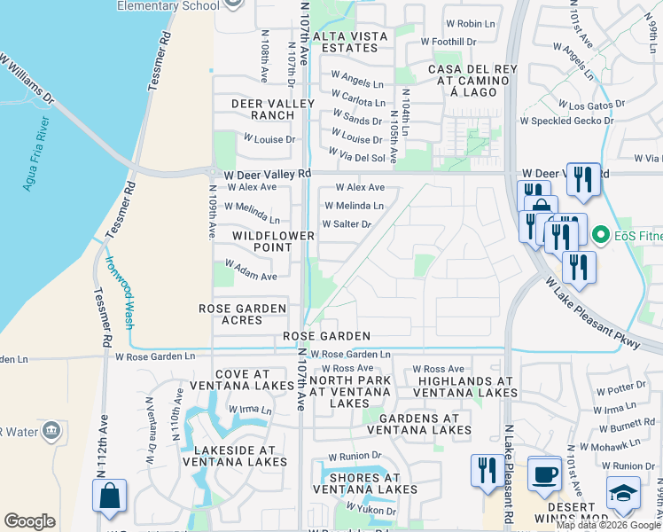 map of restaurants, bars, coffee shops, grocery stores, and more near 10617 West Adam Avenue in Peoria