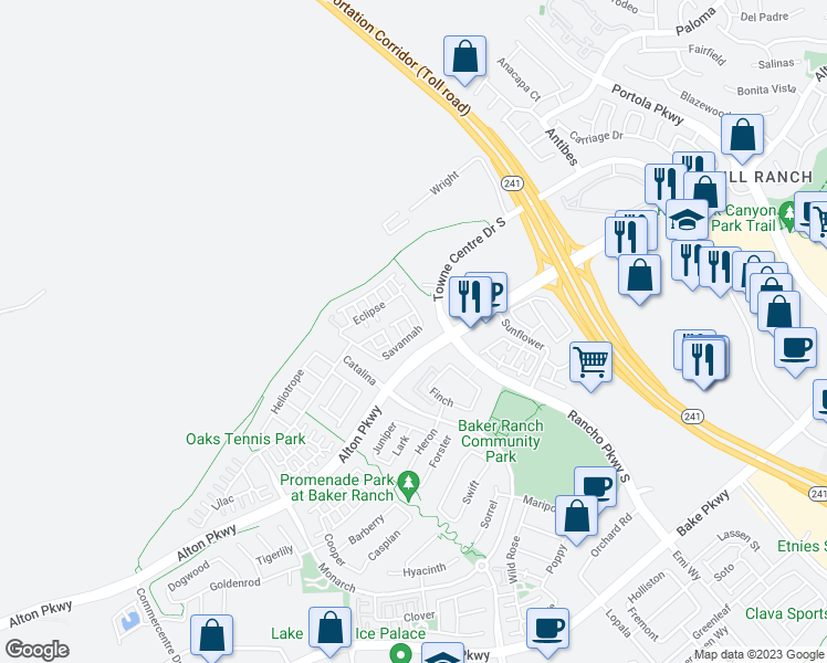 map of restaurants, bars, coffee shops, grocery stores, and more near 54 Savannah in Lake Forest