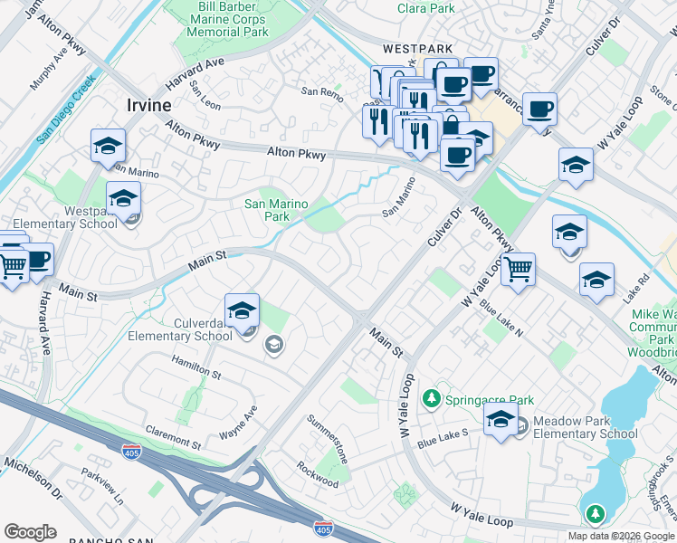 map of restaurants, bars, coffee shops, grocery stores, and more near 8 Del Azul in Irvine