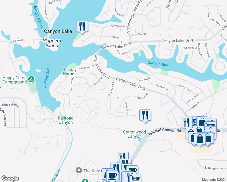 map of restaurants, bars, coffee shops, grocery stores, and more near 30376 Early Round Drive in Canyon Lake