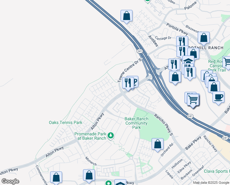 map of restaurants, bars, coffee shops, grocery stores, and more near 12 Savannah in Lake Forest