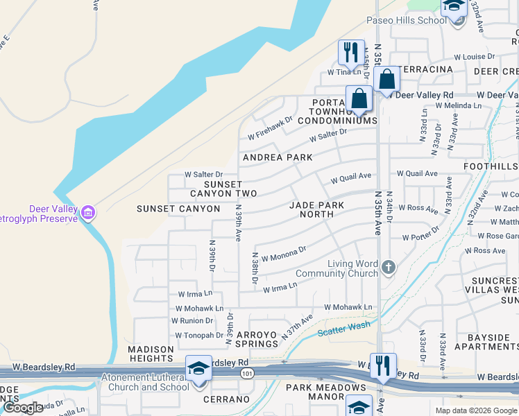 map of restaurants, bars, coffee shops, grocery stores, and more near 3802 West Quail Avenue in Glendale