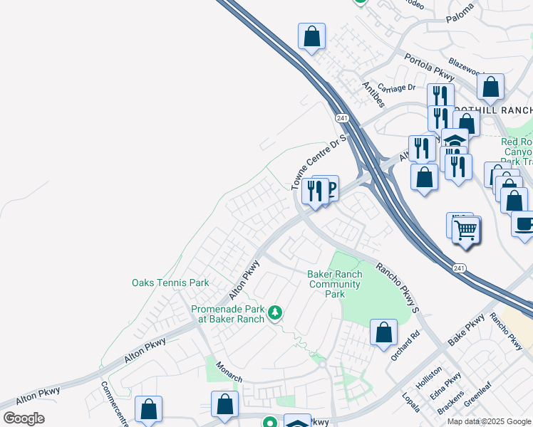 map of restaurants, bars, coffee shops, grocery stores, and more near 21 Savannah in Lake Forest