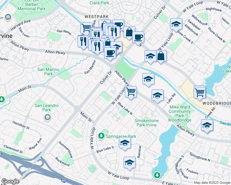 map of restaurants, bars, coffee shops, grocery stores, and more near 33 Greenfield in Irvine