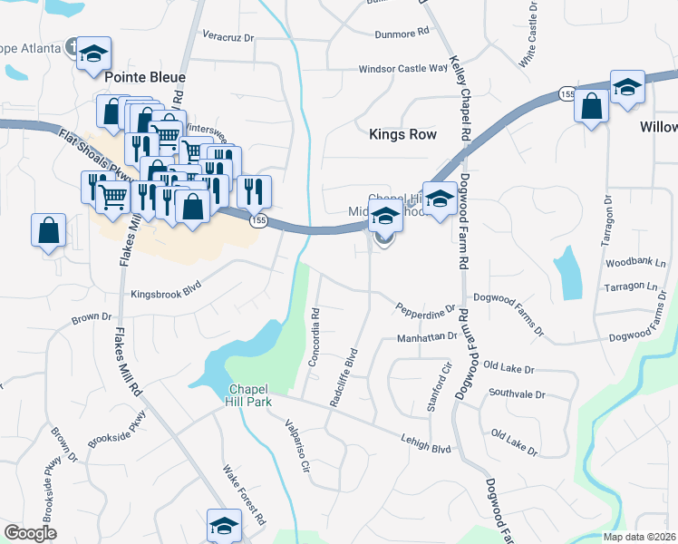 map of restaurants, bars, coffee shops, grocery stores, and more near 4125 Radcliffe Court in Decatur