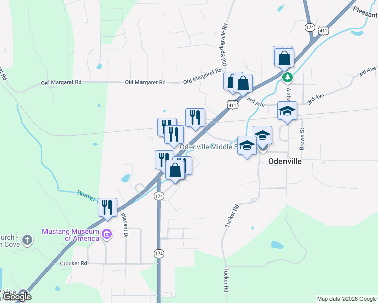map of restaurants, bars, coffee shops, grocery stores, and more near 13946 U.S. 411 in Odenville
