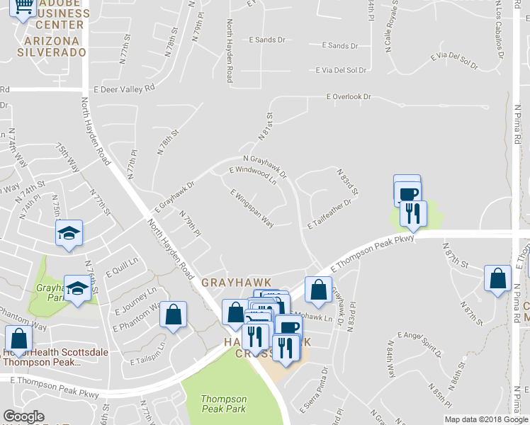 map of restaurants, bars, coffee shops, grocery stores, and more near 8106 East Wing Shadow Road in Scottsdale
