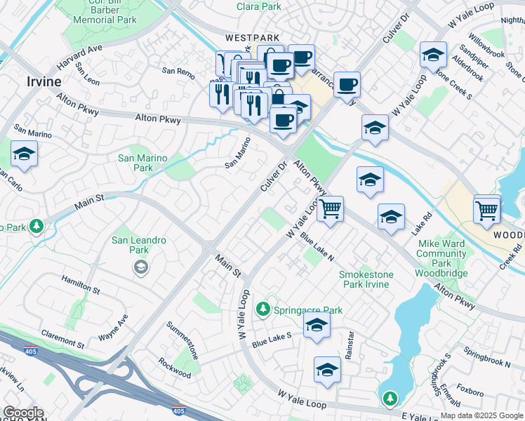 map of restaurants, bars, coffee shops, grocery stores, and more near 16 Windjammer in Irvine