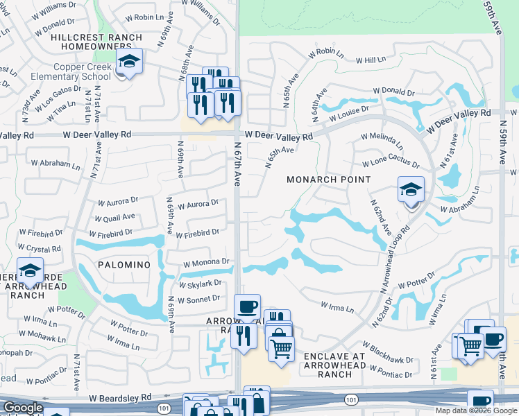 map of restaurants, bars, coffee shops, grocery stores, and more near 6656 West Aurora Drive in Glendale