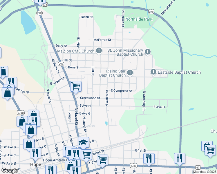 map of restaurants, bars, coffee shops, grocery stores, and more near 909 North Walker Street in Hope