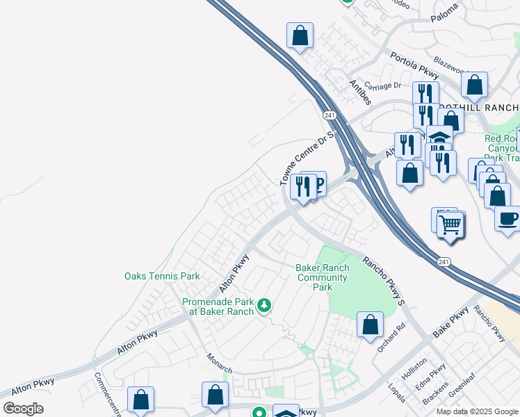 map of restaurants, bars, coffee shops, grocery stores, and more near 39 Savannah in Lake Forest