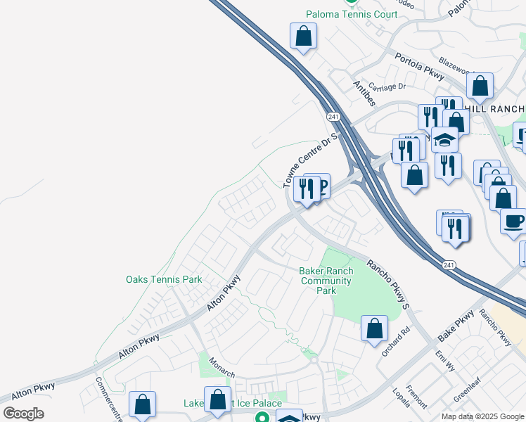 map of restaurants, bars, coffee shops, grocery stores, and more near 39 Savannah in Lake Forest