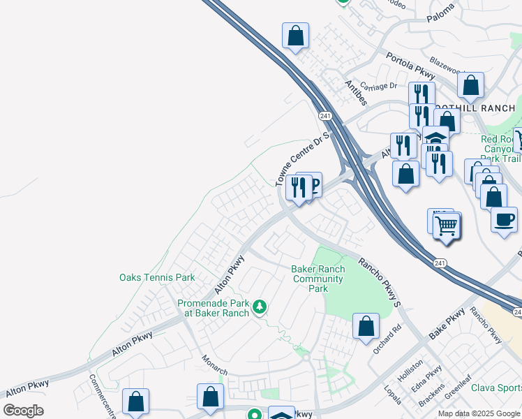 map of restaurants, bars, coffee shops, grocery stores, and more near 21 Savannah in Lake Forest