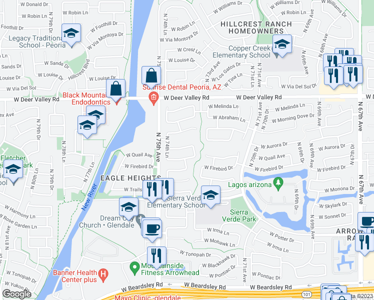 map of restaurants, bars, coffee shops, grocery stores, and more near 7415 West Aurora Drive in Glendale