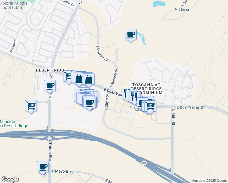 map of restaurants, bars, coffee shops, grocery stores, and more near E Deer Valley Rd in Phoenix