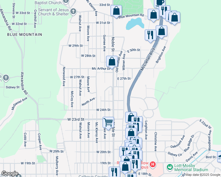 map of restaurants, bars, coffee shops, grocery stores, and more near 2532 Noble Street in Anniston
