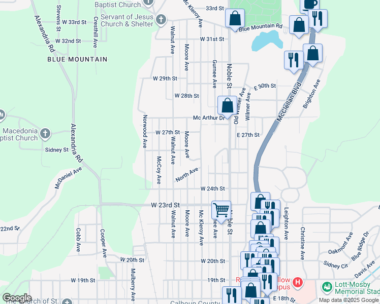 map of restaurants, bars, coffee shops, grocery stores, and more near 2527 Moore Avenue in Anniston
