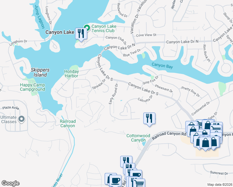 map of restaurants, bars, coffee shops, grocery stores, and more near 30376 Early Round Drive in Canyon Lake