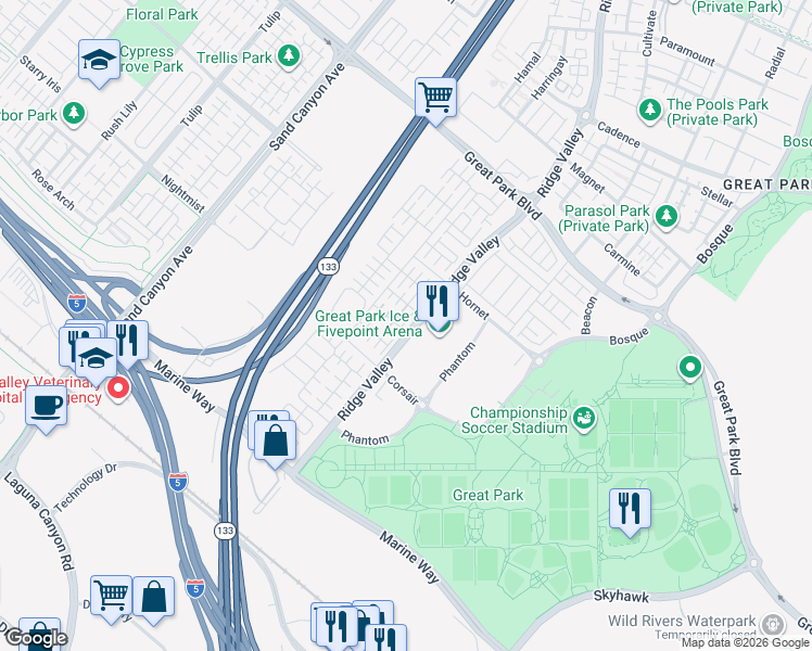 map of restaurants, bars, coffee shops, grocery stores, and more near 102 Holly Springs in Irvine
