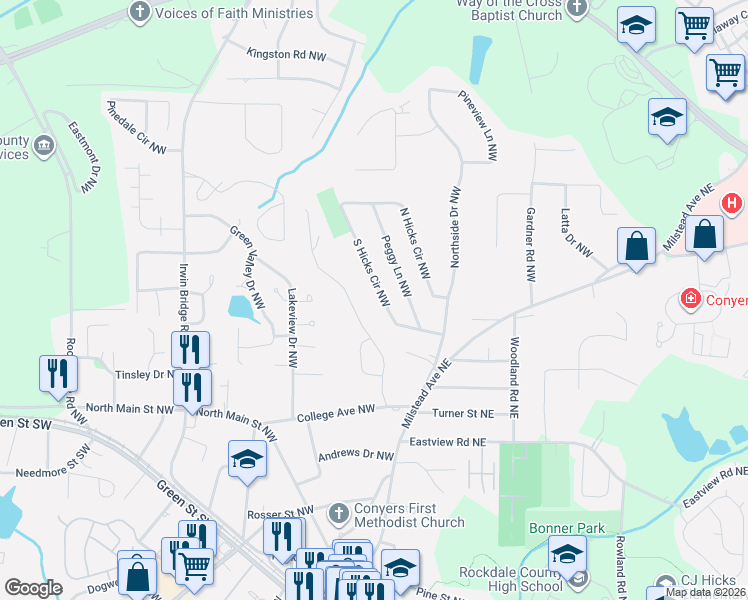 map of restaurants, bars, coffee shops, grocery stores, and more near 1304 S Hicks Circle Northwest in Conyers