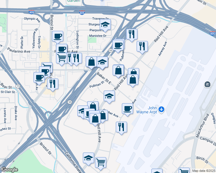 map of restaurants, bars, coffee shops, grocery stores, and more near 235 Baker Street East in Costa Mesa