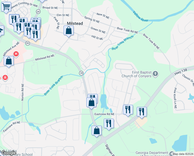 map of restaurants, bars, coffee shops, grocery stores, and more near 1244 Brookside Drive Northeast in Conyers
