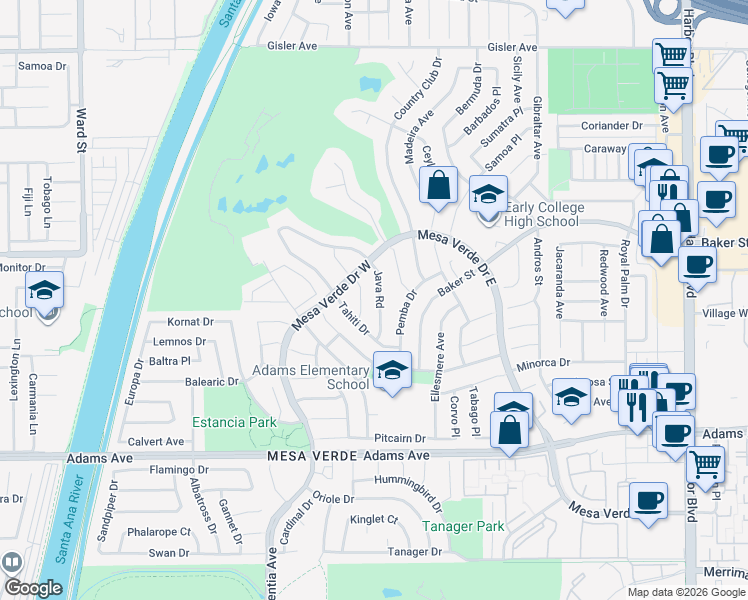 map of restaurants, bars, coffee shops, grocery stores, and more near 2947 Java Road in Costa Mesa