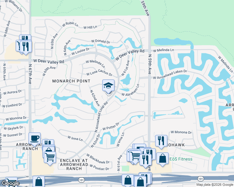 map of restaurants, bars, coffee shops, grocery stores, and more near 6091 West Abraham Lane in Glendale