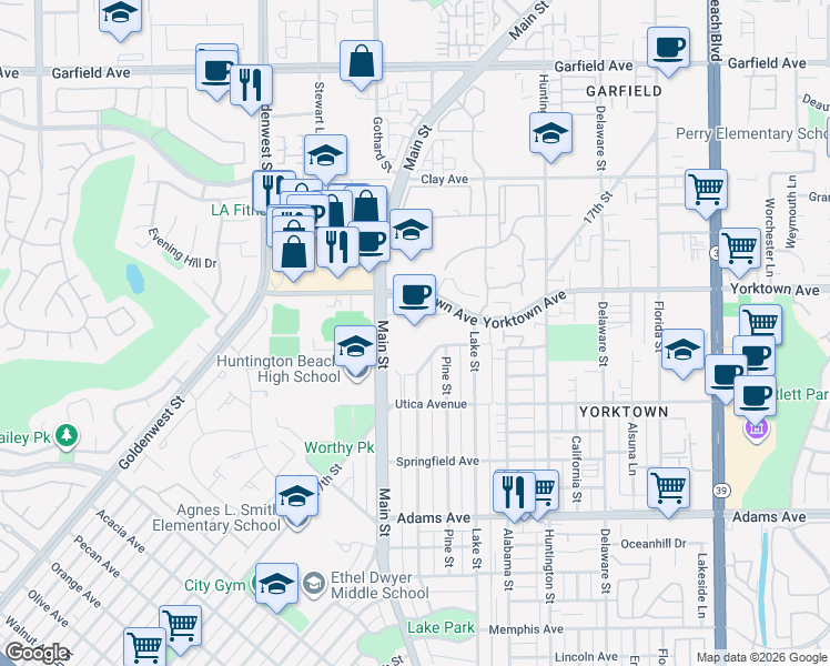 map of restaurants, bars, coffee shops, grocery stores, and more near 2000 Main Street in Huntington Beach