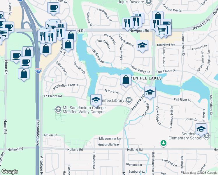 map of restaurants, bars, coffee shops, grocery stores, and more near 28615 Sand Island Way in Menifee