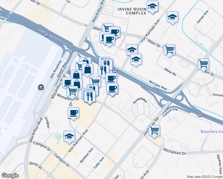 map of restaurants, bars, coffee shops, grocery stores, and more near 18191 Von Karman Avenue in Irvine
