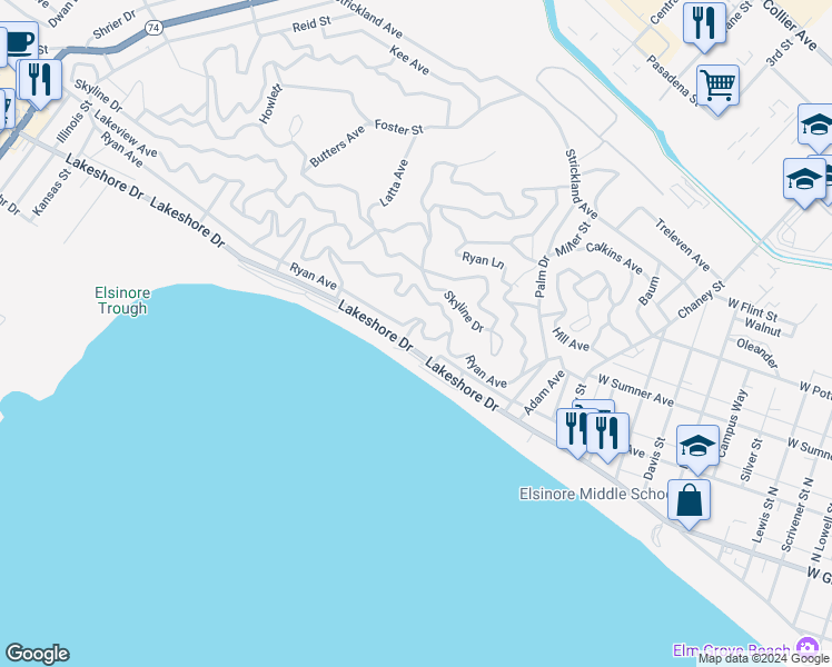 map of restaurants, bars, coffee shops, grocery stores, and more near Bushman Avenue in Lake Elsinore