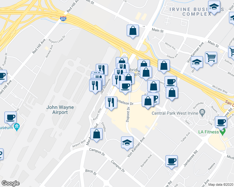 map of restaurants, bars, coffee shops, grocery stores, and more near 18552 Macarthur Boulevard in Irvine