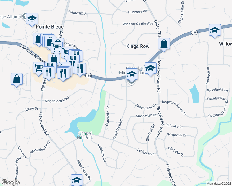 map of restaurants, bars, coffee shops, grocery stores, and more near 4125 Radcliffe Court in Decatur