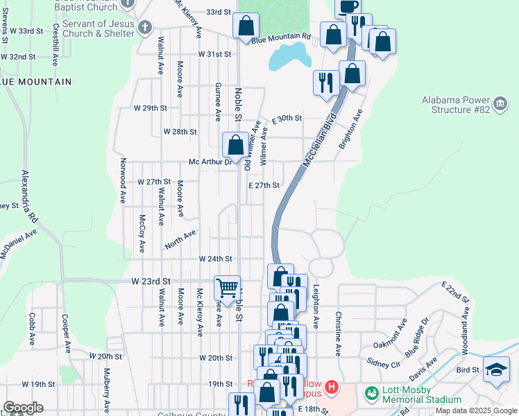 map of restaurants, bars, coffee shops, grocery stores, and more near 2540 Wilmer Avenue in Anniston