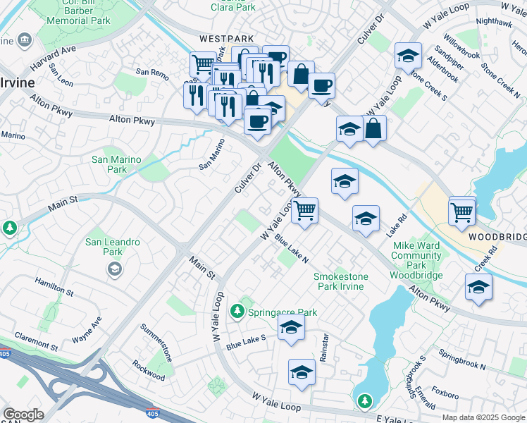 map of restaurants, bars, coffee shops, grocery stores, and more near 33 Greenfield in Irvine