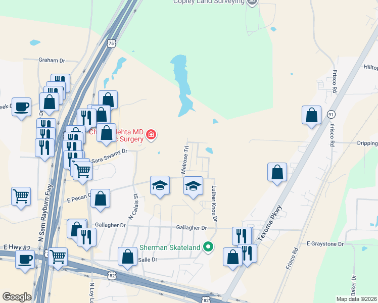 map of restaurants, bars, coffee shops, grocery stores, and more near 3812 Melrose Trl in Sherman