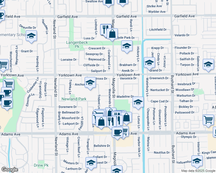 map of restaurants, bars, coffee shops, grocery stores, and more near 8932 Shore Circle in Huntington Beach