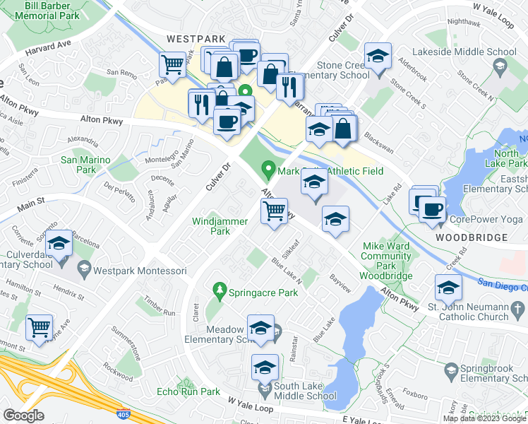 map of restaurants, bars, coffee shops, grocery stores, and more near 23 Thunder Trail in Irvine