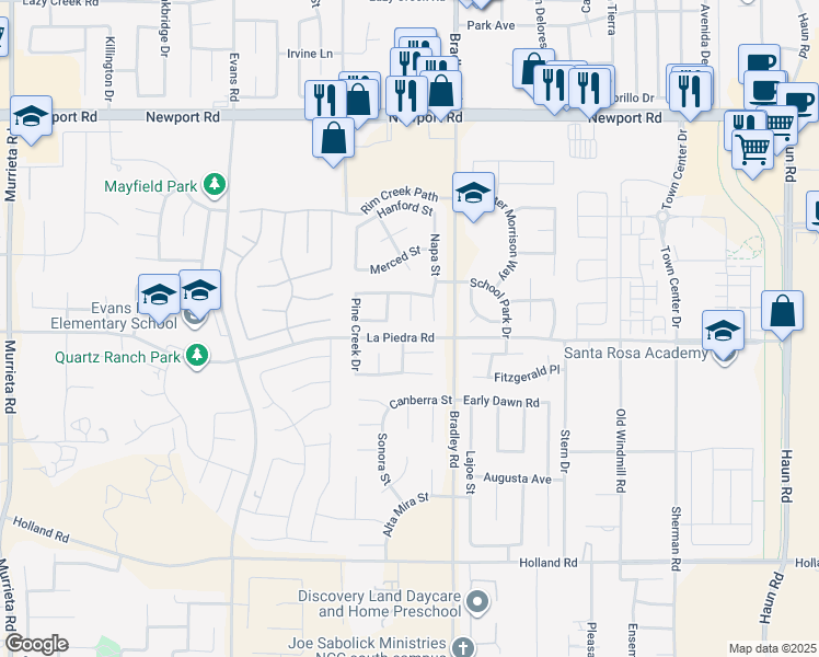 map of restaurants, bars, coffee shops, grocery stores, and more near 30487 Misty Creek Drive in Menifee