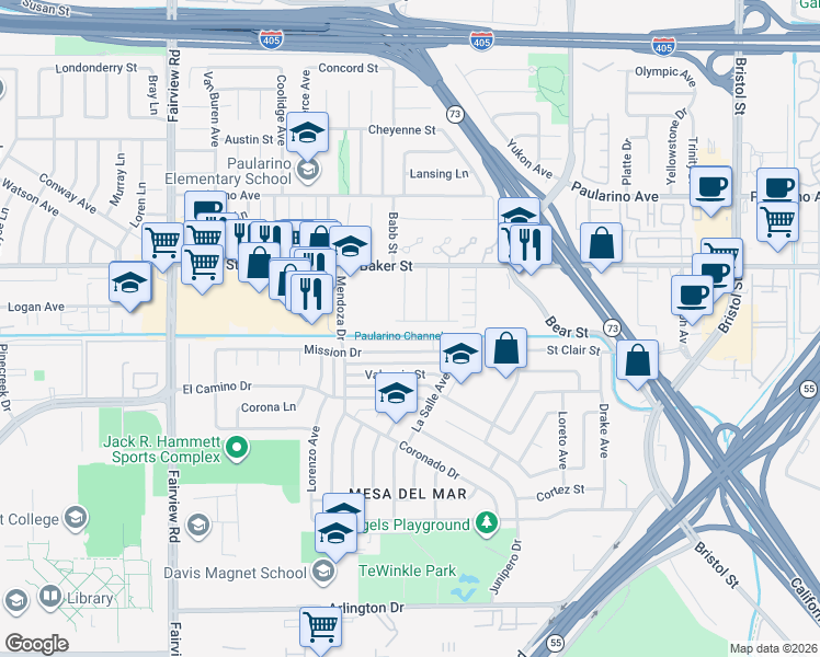 map of restaurants, bars, coffee shops, grocery stores, and more near 995 Post Road in Costa Mesa