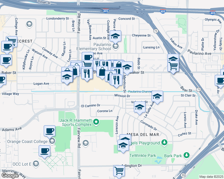 map of restaurants, bars, coffee shops, grocery stores, and more near 2931 Grace Lane in Costa Mesa