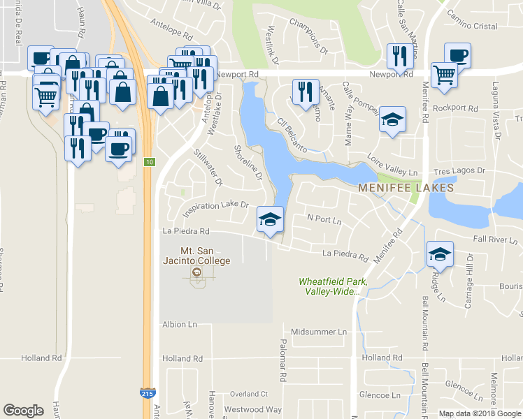 map of restaurants, bars, coffee shops, grocery stores, and more near 30570 Shoreline Drive in Menifee