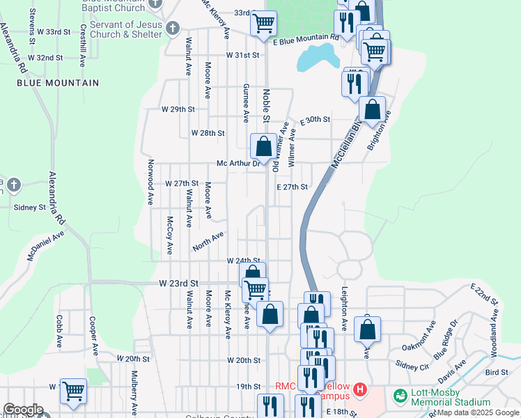 map of restaurants, bars, coffee shops, grocery stores, and more near 2532 Noble Street in Anniston