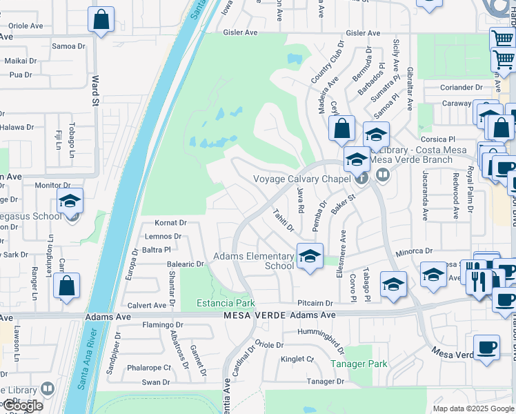 map of restaurants, bars, coffee shops, grocery stores, and more near 3022 Club House Circle in Costa Mesa