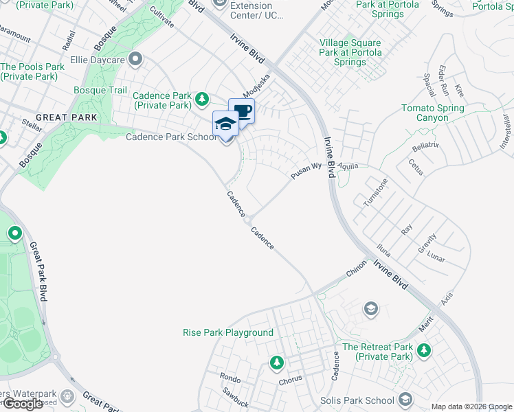 map of restaurants, bars, coffee shops, grocery stores, and more near 138 Spectacle in Irvine
