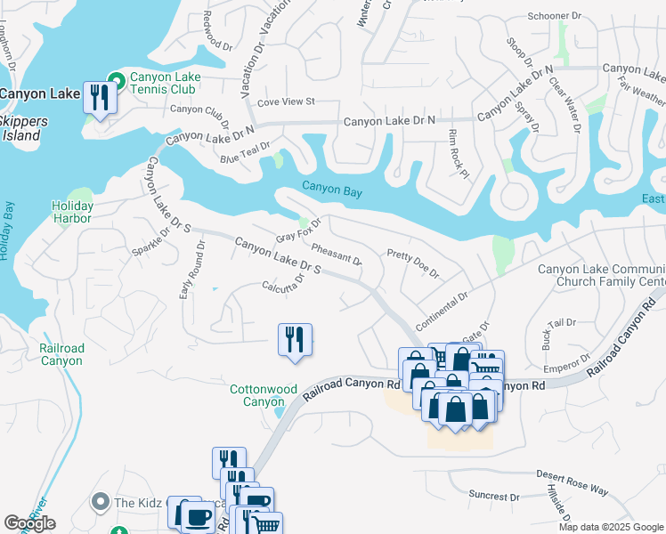 map of restaurants, bars, coffee shops, grocery stores, and more near 22908 Canyon Lake Drive South in Canyon Lake