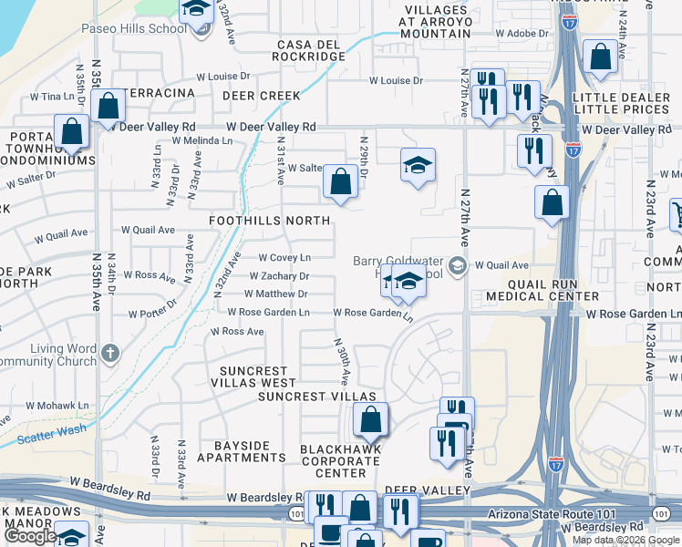 map of restaurants, bars, coffee shops, grocery stores, and more near 21043 North 30th Avenue in Phoenix